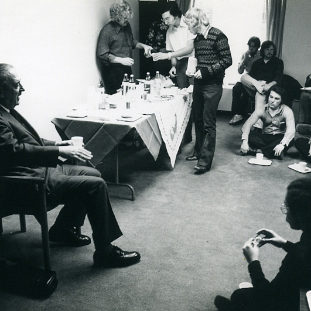 Vacchiano telling stories at his birthday party at Juilliard, 1975 (Photo by Mel Broiles)