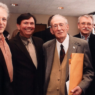 Mark Gould, Gerard Schwarz, Vacchiano, and Fred Mills at 90th birthday party at Juilliard (Photo by Peter Schaaf)